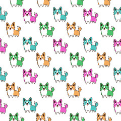  Pixel art style pattern with dog breed welsh corgi on a white background. It can be used for packaging, wrapping paper, textile and etc.