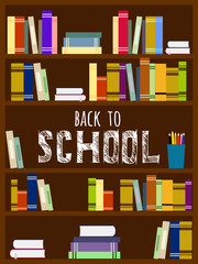 Back to school. Vector education illustration with book shelf and lettering