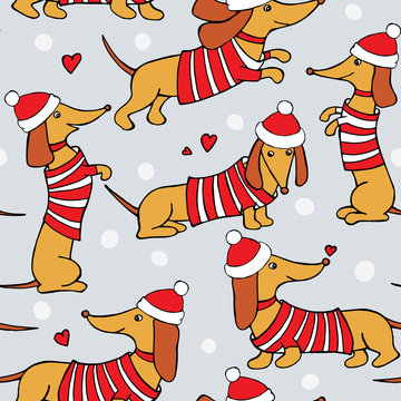 Christmas seamless pattern with image cartoon dogs dachshund in Santa hats and striped jersey. Vector illustration.