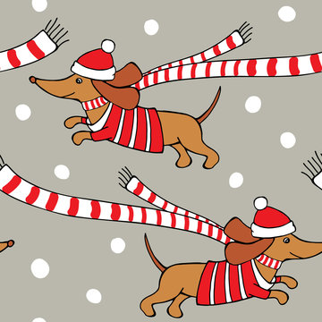 Romantic Christmas Seamless Pattern With Cartoon Picture Of A Dog Dachshund In Red Jersey, Scarf, Santa Hat On Gray Snowflakes Background. Vector Illustration.