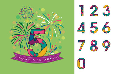 Anniversary fireworks and celebration background, set of numbers. Easy editable Number.