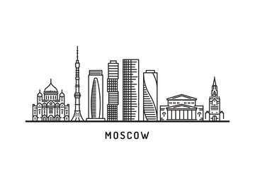 Panorama of Moscow in a linear fashion with the image of the architectural attractions of the city. Modern city skyline, vector panorama with soviet buildings