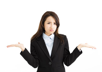 stress business woman raising her hands on both sides