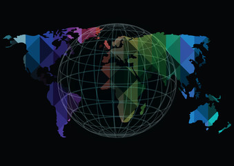 bright low polygons vector world map and 3d globe icon isolated on black background