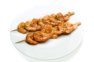 Shrimp skewers isolated on white background