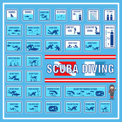 Set of signs and symbols of scuba diving, Signs and symbols for scuba diving safety rules and regulations, Create in new design and easy for people to understand