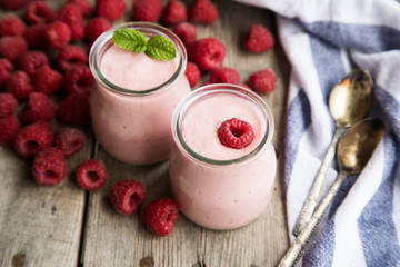 Yogurt smoothie with raspberries. Berry smoothie. healthy dieting concept