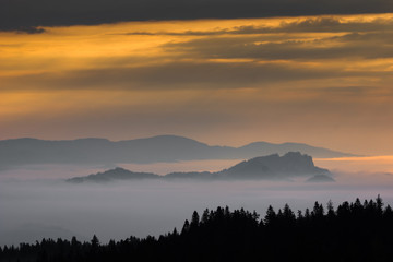 Fototapeta na wymiar Sunrise and foggy morning over Pieniny mountains from Czarna Gora, Zakopane, Poland