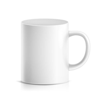 White Mug Vector. 3D Realistic Ceramic Or Plastic Cup Isolated On White Background. Classic Cafe Cup Mock Up With Handle Illustration. Good For Business Branding, Corporate Identity