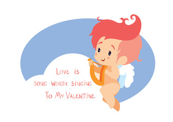 Cupid playing love song music on hurp. Handwritten fun quotation
