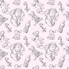 Seamless sketch of a sleeping baby and toys in a dream