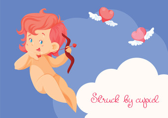 Cupid hunting with archey bow flying hearts.