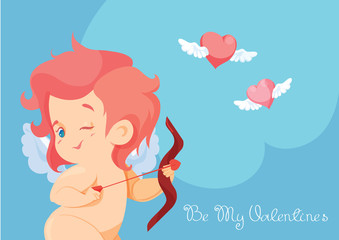 Cupid hunting with archey bow flying hearts.