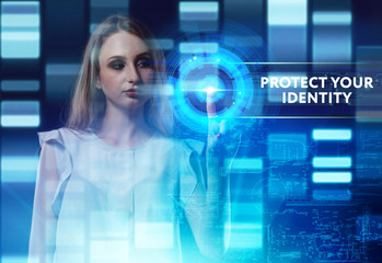 The concept of business, technology, the Internet and the network. A young entrepreneur working on a virtual screen of the future and sees the inscription: Protect your identity