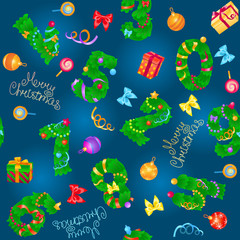 Seamless pattern from numbers like fir / Pattern from numbers like fir, Christmas toys, and text on navy background
