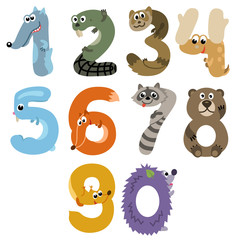 Numbers like European forest animals / Solid fill cartoon illustration of numbers

