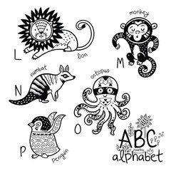 Animals alphabet L - P for children. Vector coloring page