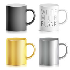 Realistic Cup, Mug Set Vector. White, Black, Silver, Chrome, Golden Cup Isolated On White Background. Classic Mug Template With Handle Illustration. For Business Branding