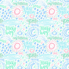 Space astronomy cute cartoon hand drawn seamless pattern. Decorative hand lettering. Vector illustration