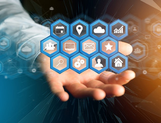 Application center displayed on a futuristic interface with technology icon - Worldwide business...