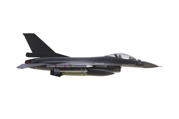 Fototapeta na wymiar Beside view of F16, american military fighter plane on white background, 3D rendering