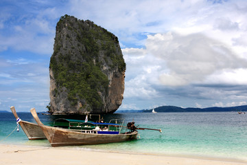 Boats on the coast in the Krabi region of Thailand. Beach in Thailand.