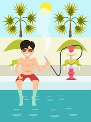 Obraz na płótnie Canvas guy sitting by the pool with nargile cartoon