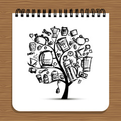 Notebook design, kitchen utensils tree