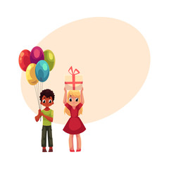 Black boy with bunch of balloons and blond girl holding birthday gift, cartoon vector illustration with space for text. Two kids, boy and girl, celebrating birthday, holding balloons and gift