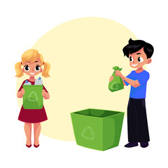 Kids, boy and girl, throw plastic bottles in trash, garbage recycling concept, cartoon vector with space for text. Two kids, children with plastic bottles, garbage collection
