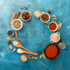 Spices and condiments in small bowls