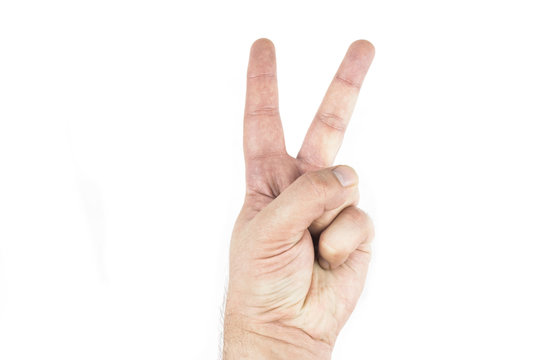 White caucasian male holding up two fingers