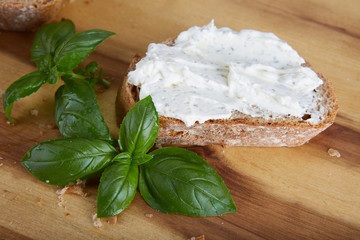 Slice of bread with a countryside cheese.
