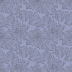 Hand drawn vector illustration Seamless pattern with decorative doodle tulips hand drawn in lines. Vector illustration