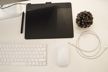 Keyboard, charger cable, work desk, pine cone, drawing tablet