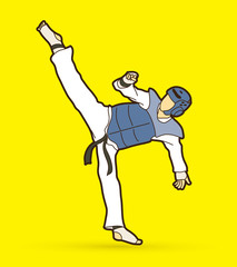 Taekwondo high kick action with guard equipment graphic vector.