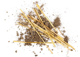 Pile of dirt and hay, straws isolated on white background, top view