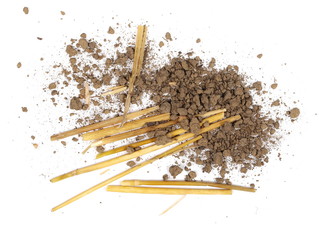Pile of dirt and hay, straws isolated on white background, top view