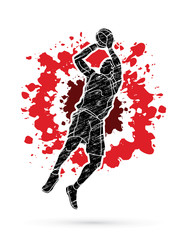 Basketball player jumping and prepare shooting a ball designed on splatter blood background graphic vector