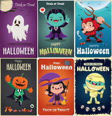 Vintage Halloween poster design with vector demon, witch, vampire, mummy, monster character. 