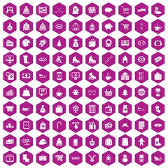Fototapeta na wymiar 100 winter shopping icons hexagon violet