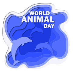 World animal day 3d abstract paper cut illlustration of sea and dolphins. Vector colorful template in carving art style.