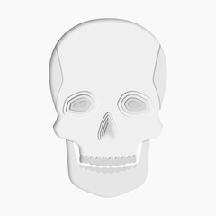 3d abstract paper cut illlustration of white skull. Vector colorful template in carving art style.