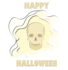 Happy halloween 3d abstract paper cut illlustration of skull. Vector template in carving art style.