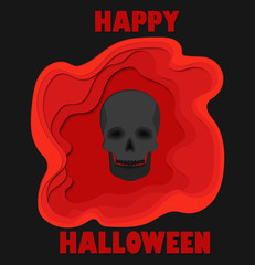 Happy halloween 3d abstract paper cut illlustration of black skull and pool of blood. Vector colorful template in carving art style.
