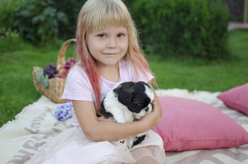 Little blond girl sitting on the cover and hugging black and white shih tzu puppy. Cute girl behind the pink pillows. 