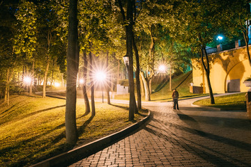 Gomel, Homiel, Belarus. Lighted Walkways Or Roads, Greenwood At Night In City Park