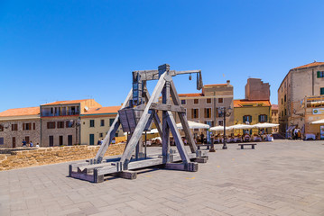 Alghero, Sardinia, Italy. Trebuchet - an ancient throwing weapon on the bastion in the embankment area