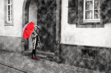 A girl in the rain with a red umbrella and red labuten in the city. Photo processed in retro styles