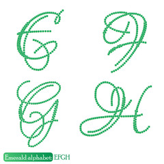 Jewelry alphabet with vintage capital letters from precious stone Emerald in realistic shapes in green color with silver edging. EFGH characters. Vector illustration